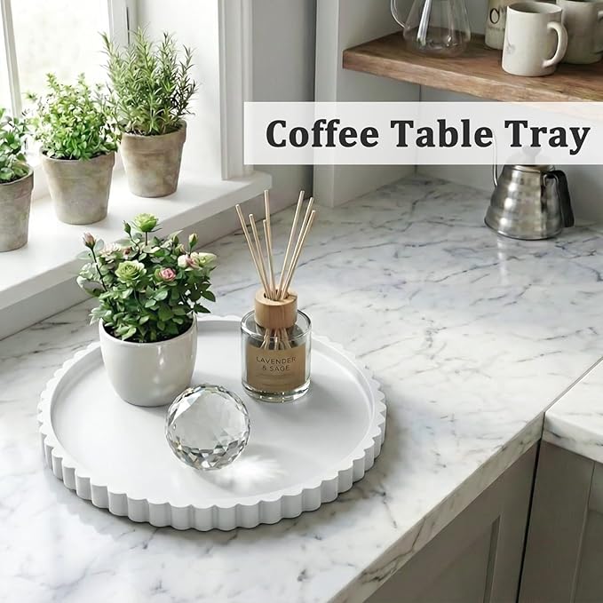 Silicone Bathroom Countertop and Vanity Tray-10 Inch Round Silicone Bathroom Tray, Modern Bathroom Decor, Coffee Table Decor, Decorative Tray for Candle, Perfume, Plants (White)