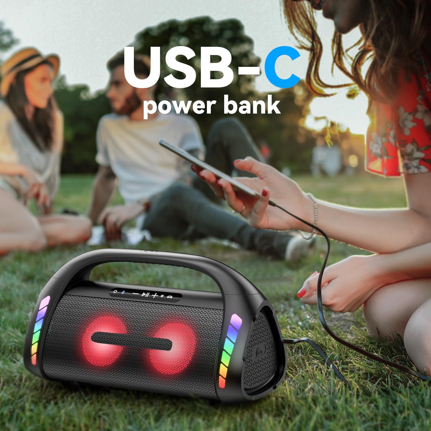 Bluetooth Speaker,100W Loud Speakers Bluetooth Wireless with Deep Bass, Portable Bluetooth Speakers Wireless with Power Bank, LED Lights,Waterproof, 30hours Playtime for Outdoor Home-LFS