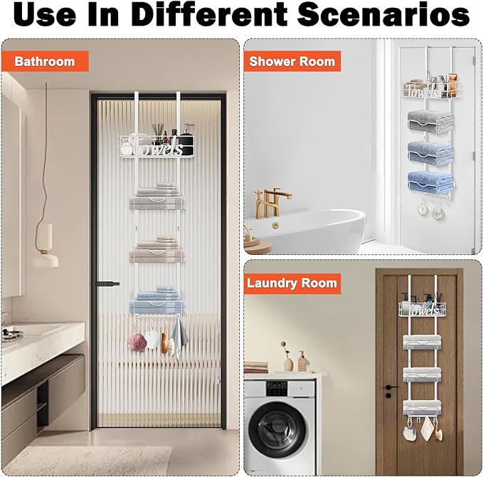 HarJue Over The Door Towel Racks, No Drill Towel Storage with Basket & Hooks, Space-Saving Multi-Functional Towel Holder for Bathrooms, bedrooms, Apartments, RVs (White)
