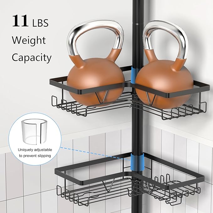 ZUNTO Shower Caddy Corner for Bathroom, Tension Pole, Adjustable 25in-114in Floor to Ceiling, Standing Shower Tension Rod Organizer with Hooks, 4 Tier Storage Shelves, Matte Black