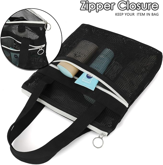 Mesh Shower Caddy Portable Shower Bag for Travel, Gym, Camping – Quick-Dry Hanging Toiletry Organizer with Zipper Pockets for Bathroom Essentials,Black