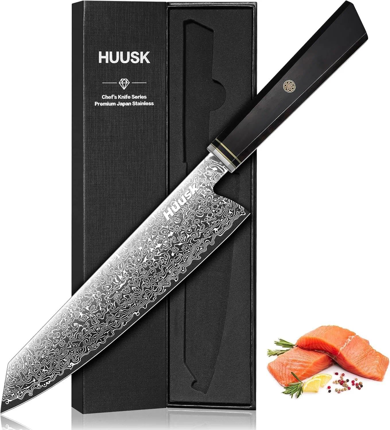 Huusk Damascus Chef Knife 8 inch - Japanese Knives with Wooden Handle