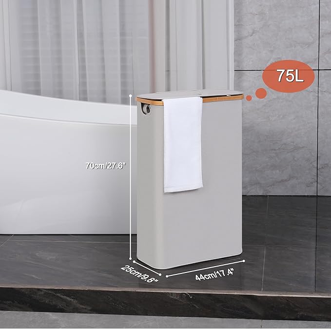 efluky Slim Laundry Basket with Lid, Narrow Laundry Hamper with Removable Bag, Skinny Dirty Clothes Basket with Bamboo Handles for Bathroom, Bedroom & Laundry Room, 75L Light Grey