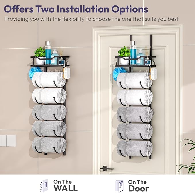 SWTYMIKI Over The Door Towel Rack - 6 Tier Towel Racks for Bathroom Wall Mounted, Towel Holder with Shelf, Hanging Rolled Towel Storage Organizer for Small Bathroom, Camper, RV, Black