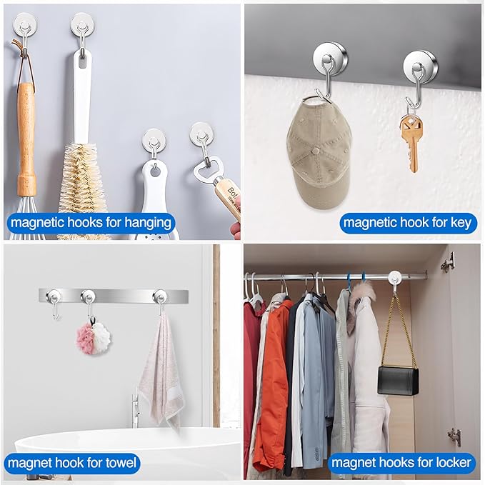 LOVIMAG Hooks, 120lbs+ Magnetic Magnet Hook 2025 Cruise Cabin Ship Essentials Heavy Duty Strong Refrigerator Fridge Hanging for Classroom Beach Vacation Kitchen Grills Home Mug Hanger (6 Pack), Silver