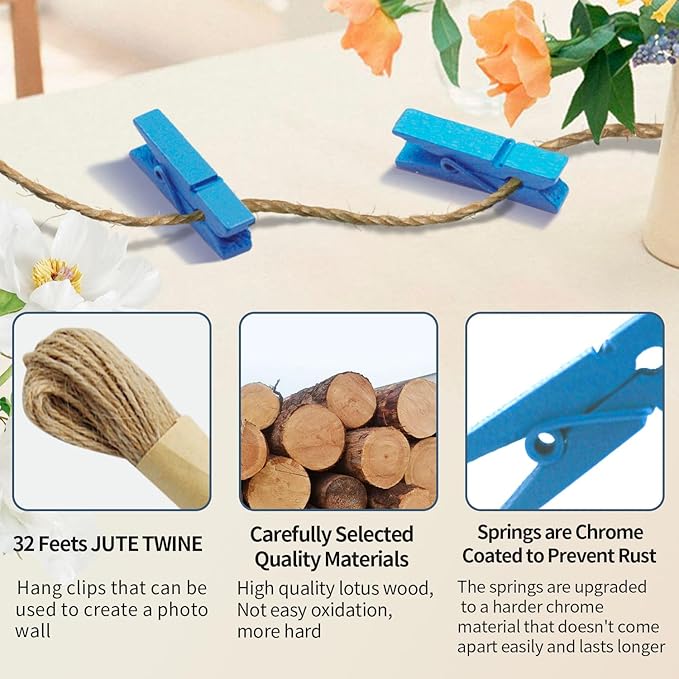 1.35 Inch Mini Clothes Pins for Photo100 Pcs with 32 Feet Jute Twine, Mini Clothes Pins for Crafts, Wooden Small Clothespins for Pictures, Tiny Decorative Clothespins for Baby Shower (Blue)