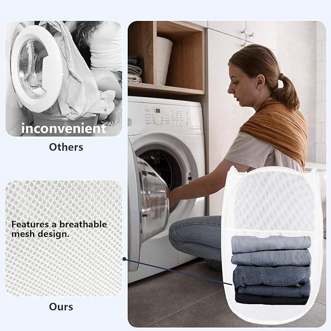 Pop Up Laundry Hamper, Mesh Laundry Basket Collapsible, Foldable Hamper for Travel and Storage (White)