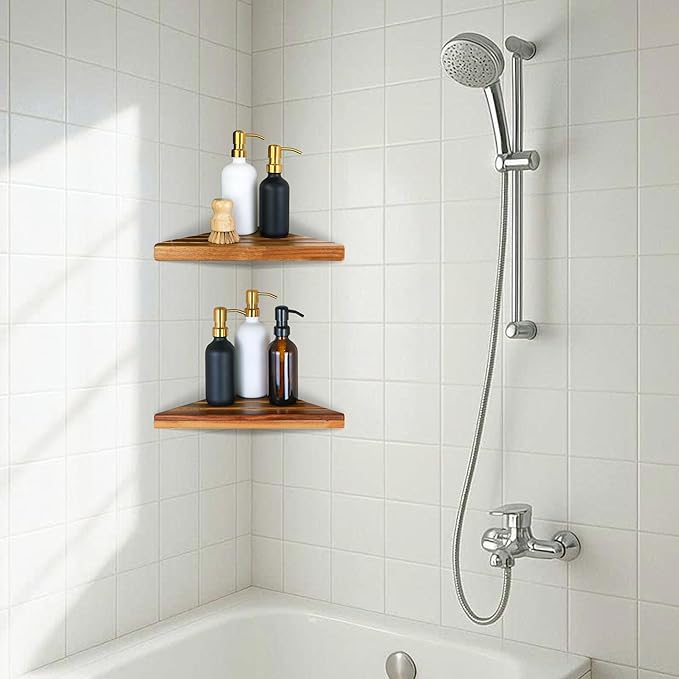 ENKEZI Acacia 2,3 Tiers Corner Shower Shelf, Triangular Corner Shelf Wooden Bathroom Shelf for Tiled Wall, Shower Corner Shelf, No Drilling Requied (2)