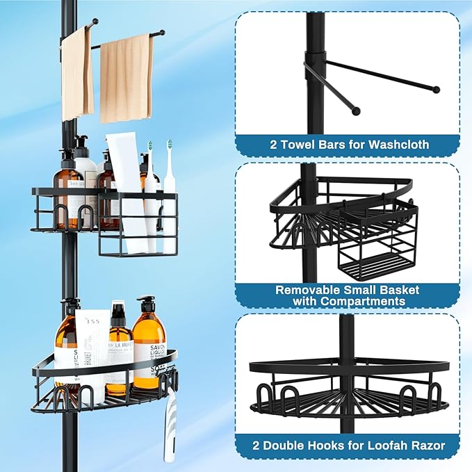 Rustproof Corner Shower Caddy Tension Pole, 4 Large Baskets for Bathtub Shampoo Storage Organizer Bathroom Height Adjustable Shelves from 23.6 to 114.5 Inch with Towel Bar