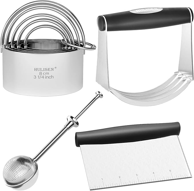 HULISEN 5-Pc Biscuit Cutter Set with Handle, Pastry Scraper, Dough Blender