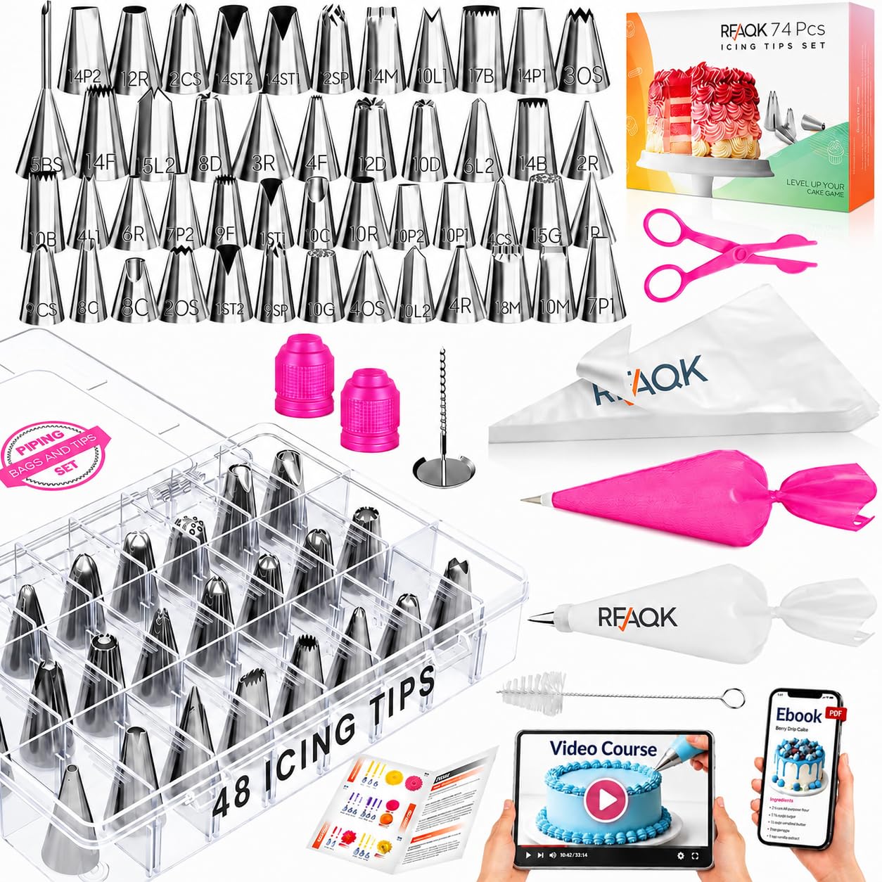 RFAQK 74PCs Icing Piping Bags and Tips Set for Beginners to Decorate Cake