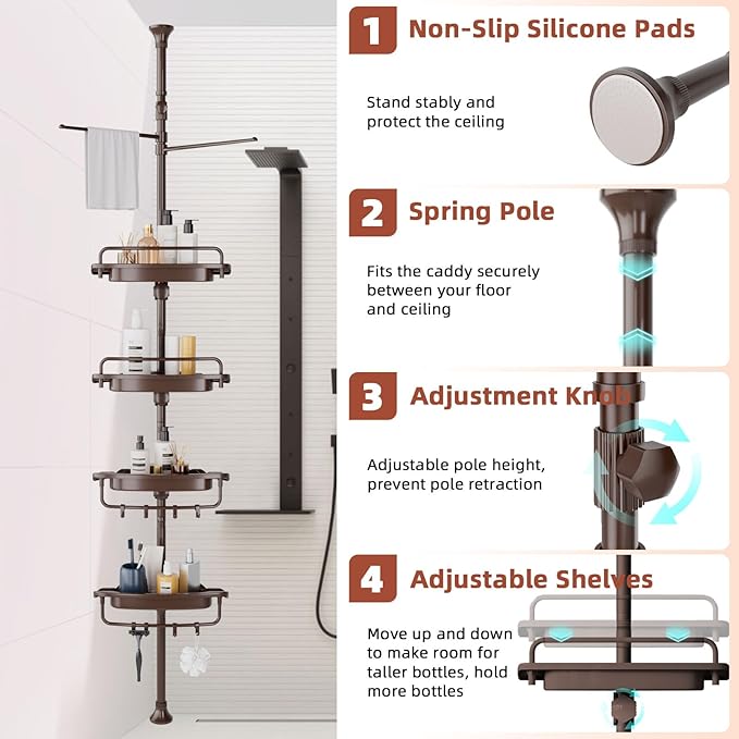 32-122inch Corner Shower Caddy Tension Pole Brown, Rustproof Drill-Free Shower Shelves for Bathroom Bathtub Washbasin, Adjustable Shower Organizer with 4 Tier Patent Stable Shelves & Towel Bars