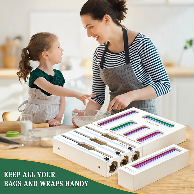 Calmbee Storage Bag Organizer - Foil & Plastic Wrap Organizer with Cutter, Kitchen Storage Compatible with Gallon, Quart, Sandwich, Snack Bags & 12" Aluminum Foil & Wax Paper, White