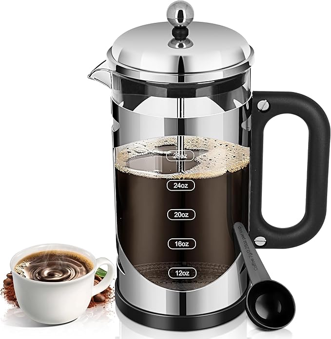YMMIND French Press Coffee Maker (34oz 1Quart 5-6Cup) Coffee Press, with 4 Filters System, Heat Resistant Thickness Borosilicate Glass, Cold Brew Coffee Tea Pot Gifts (Bright Black)