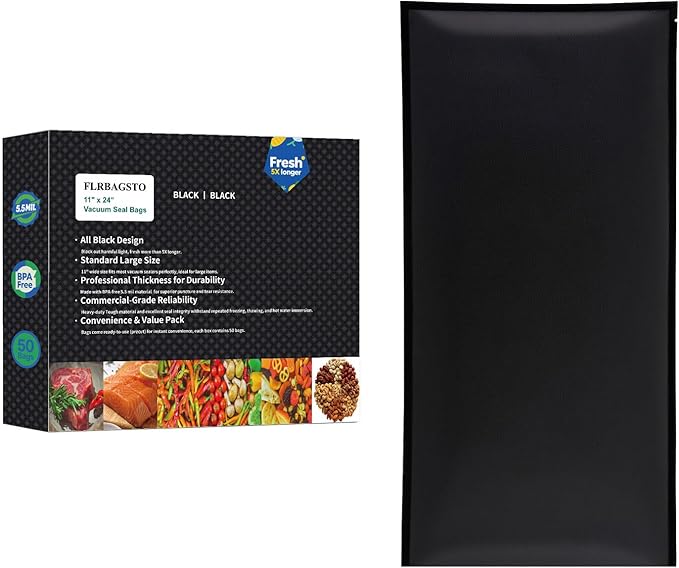 FLRBAGSTO All Black Vacuum Sealer Bags 11" x 24", 5.5 Mil Precut Vacuum Seal Bags for Food Storage, Sous Vide, and Meal Prep, Heavy Duty Commercial Grade, 50 Count