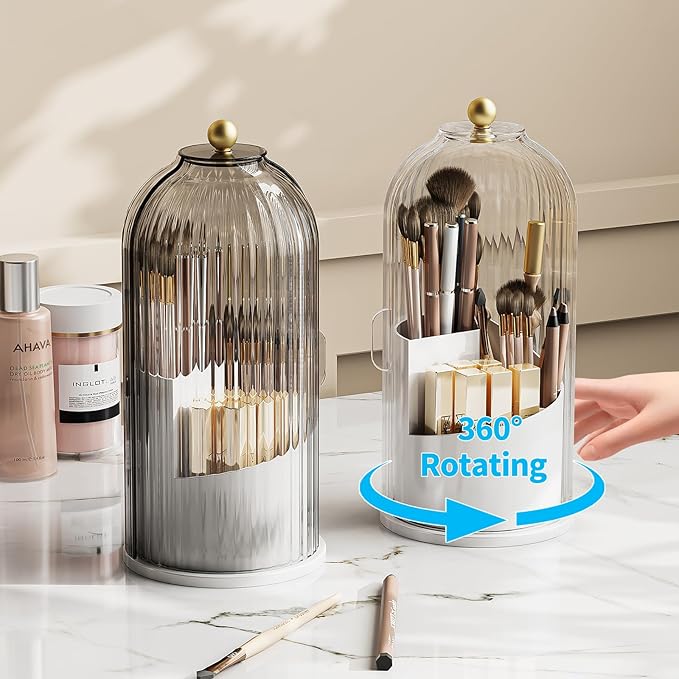 Makeup Brush Holder Organizer, 360 Rotating Makeup Brush Organizer Cosmetics Make up Brush Organizer for Vanity, Waterproof Dustproof Makup Brush Storage for Bathroom Countertop, White-Clear