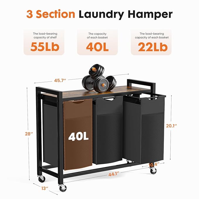 DUMOS Laundry Hamper with 3 Pull-Out Removable Sorter Bags, Movable Wheels, Freestanding Clothes Basket Organizer in Bathroom, 3 × 10.6 Gal (120L) Capacity, Rustic Brown and Black