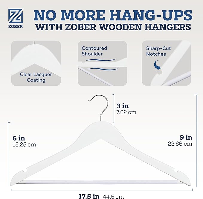 ZOBER White Wooden Hangers - Heavy Duty, Non Slip Wood Hangers for Coats, Jackets, Suits, & Pants - Coat Hangers for Closet W/Bar and Notches 20 Pack