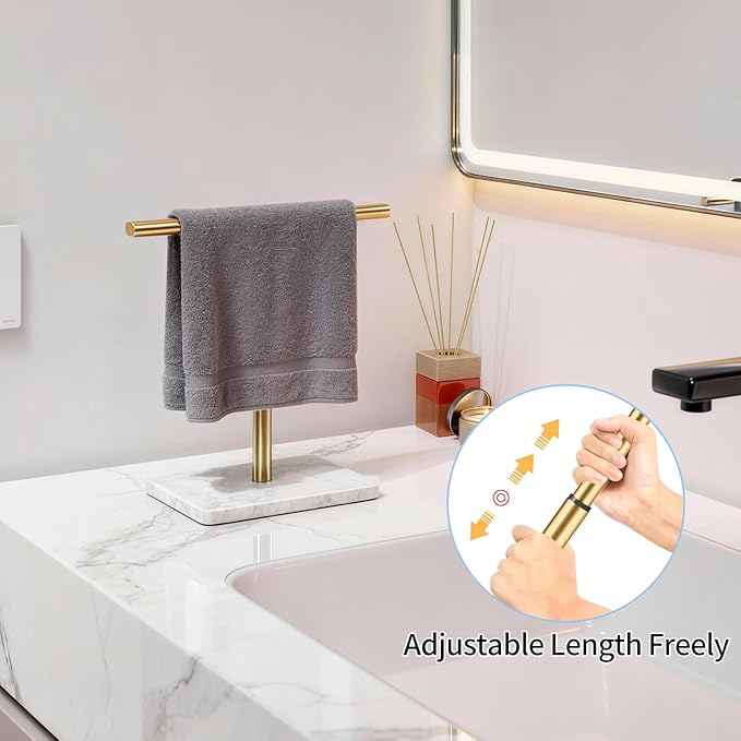 Hand Towel Holder, T-Shape Gold Hand Towel Stand for Bathroom, Towel Rack with Stainless Steel for Kitchen Vanity Countertop, Marble Base Adjustable 9.06inch -17.68inch