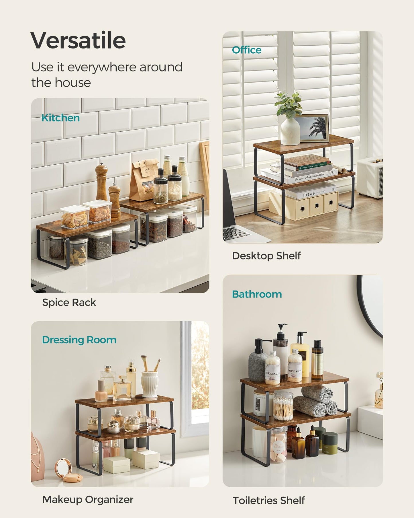 SONGMICS Cabinet Organizer Shelf, Set of 4 Spice Rack, Kitchen Storage