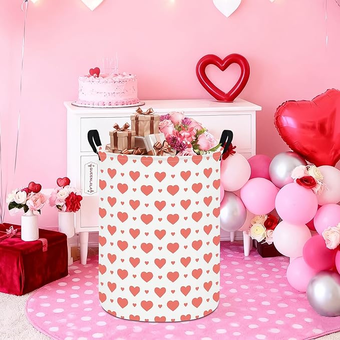 QUEENLALA Large Storage Basket,Laundry Hamper/Bathroom/Home Decor/Collapsible Round Storage Bin,Boys and Girls Hamper/Boxes/Clothing(Round-Pink Heart)