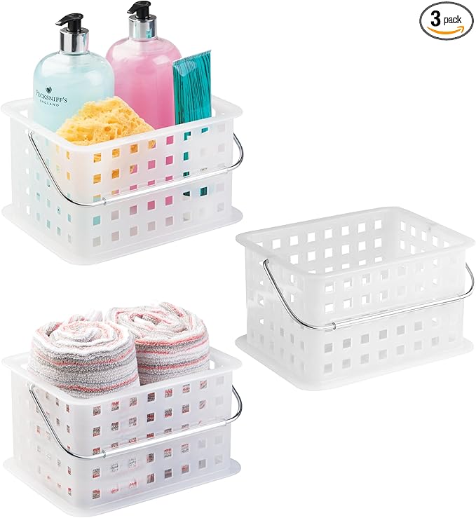 iDesign Portable Shower Caddy Basket with Handle for Dorm or Bathroom, Set of 3, Frost, Made in USA