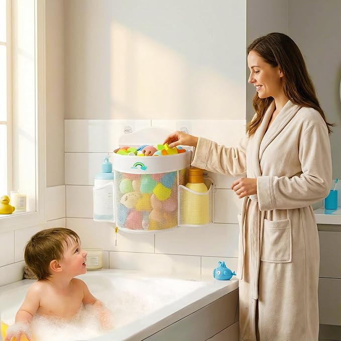 Hanging Bath Toy Storage - Large Opening Quick Dry Mesh Bath Toy Holder with 2 Side Pockets and Bottom Zipper, Space-Saving Bath Toy Organizer for Kids Bathtubs - White