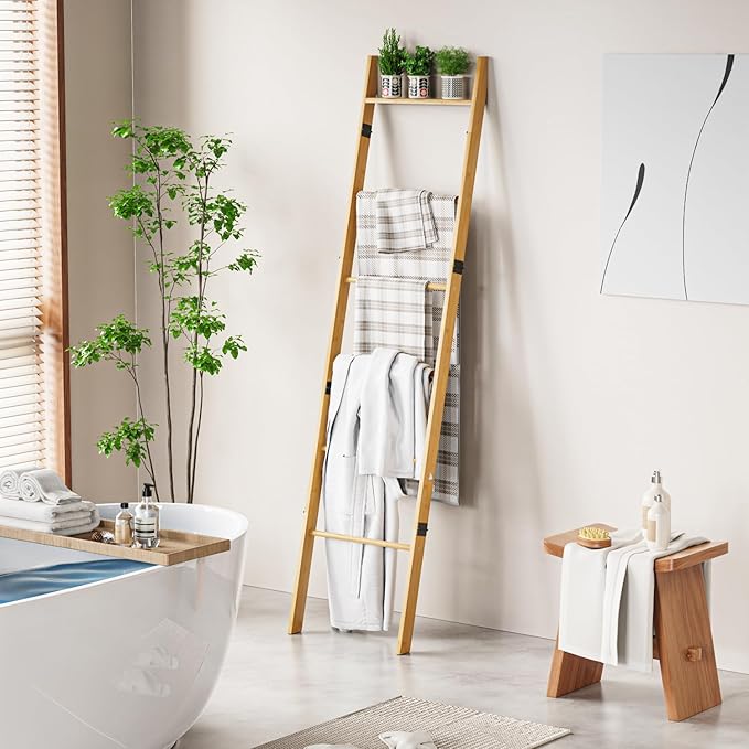 BAMBANG 6-Tier Blanket Ladder for Living Room, Blanket Quilt Ladder Rack Rustic Decorative Towel Holder, Wall Leaning Blanket Ladder Shelf Storage Farmhouse Decor for Bedroom Bathroom, Natural