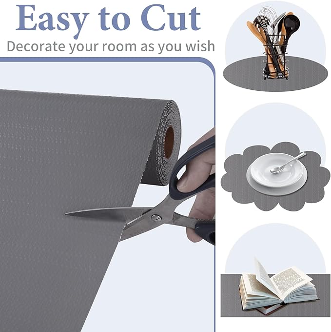 Drawer and Shelf Liner for Kitchen Cabinet: 23in X 20 Ft Non Slip Waterproof Shelf Paper Non Adhesive Refrigerator Liners Gray Easy Liners for Bathroom Cupboard with Knife Tape Measure