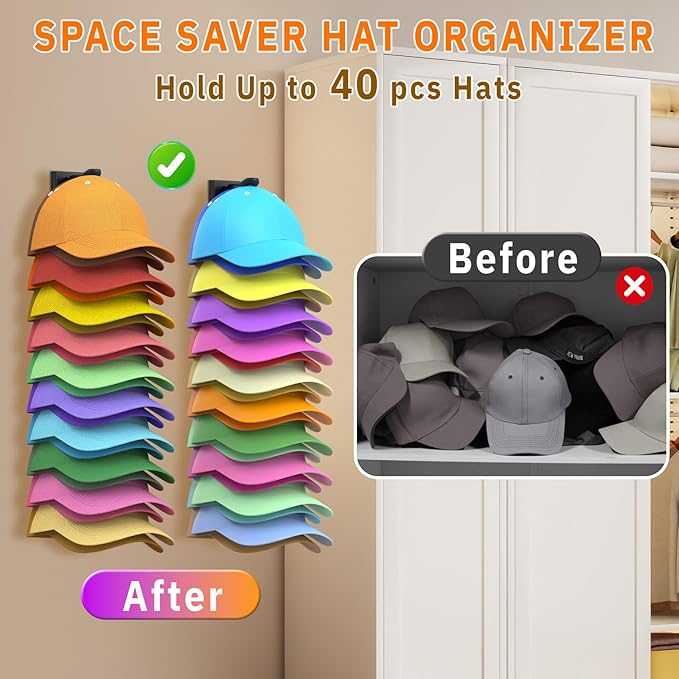 Hat Organizer for Baseball Caps, 2 Pack Hold Up to 40 Hats, Hat Rack for Wall Space Saving, Hat Hanger w/Strong Adhesive Hat Storage Holder Display for Closet Door and Wall (Black)