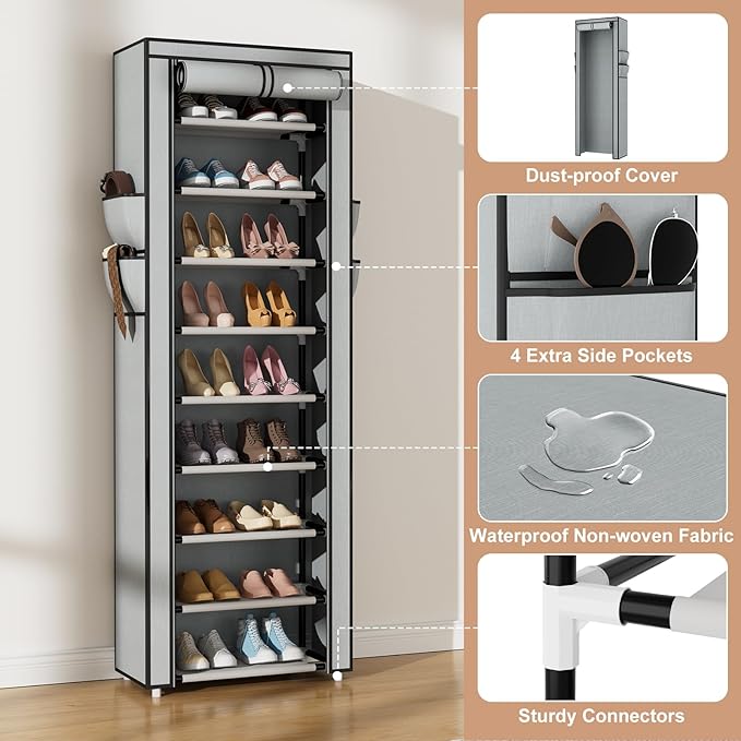 Shoe Rack with Cover Narrow Shoe Rack Organizer with 4 Side Pockets 10 Tier Tall Shoe Storage Shoe Shelf Holds 18-22 Pairs Shoes and Boots Shoe Rack for Closet, Grey