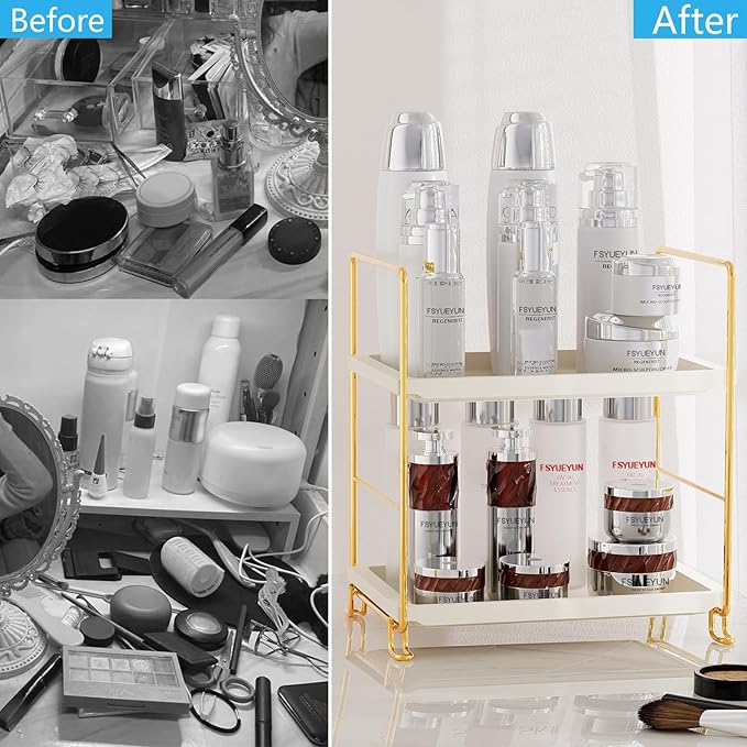 FSyueyun 2-Tier Bathroom Countertop Organizer, Tool-Less Premium Plastic Makeup Organizer - Bathroom Tray for Perfume, Skincare, Cosmetics on Dresser, or Bedroom(White and Gold)