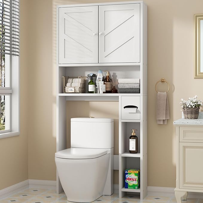 Shintenchi Over The Toilet Storage Cabinet, Bathroom Storage Cabient with Barn Doors, Bathroom Storage Shelf Organizer with Toilet Paper Holder, Adjustable Shelf and Anti-Tip Device, White