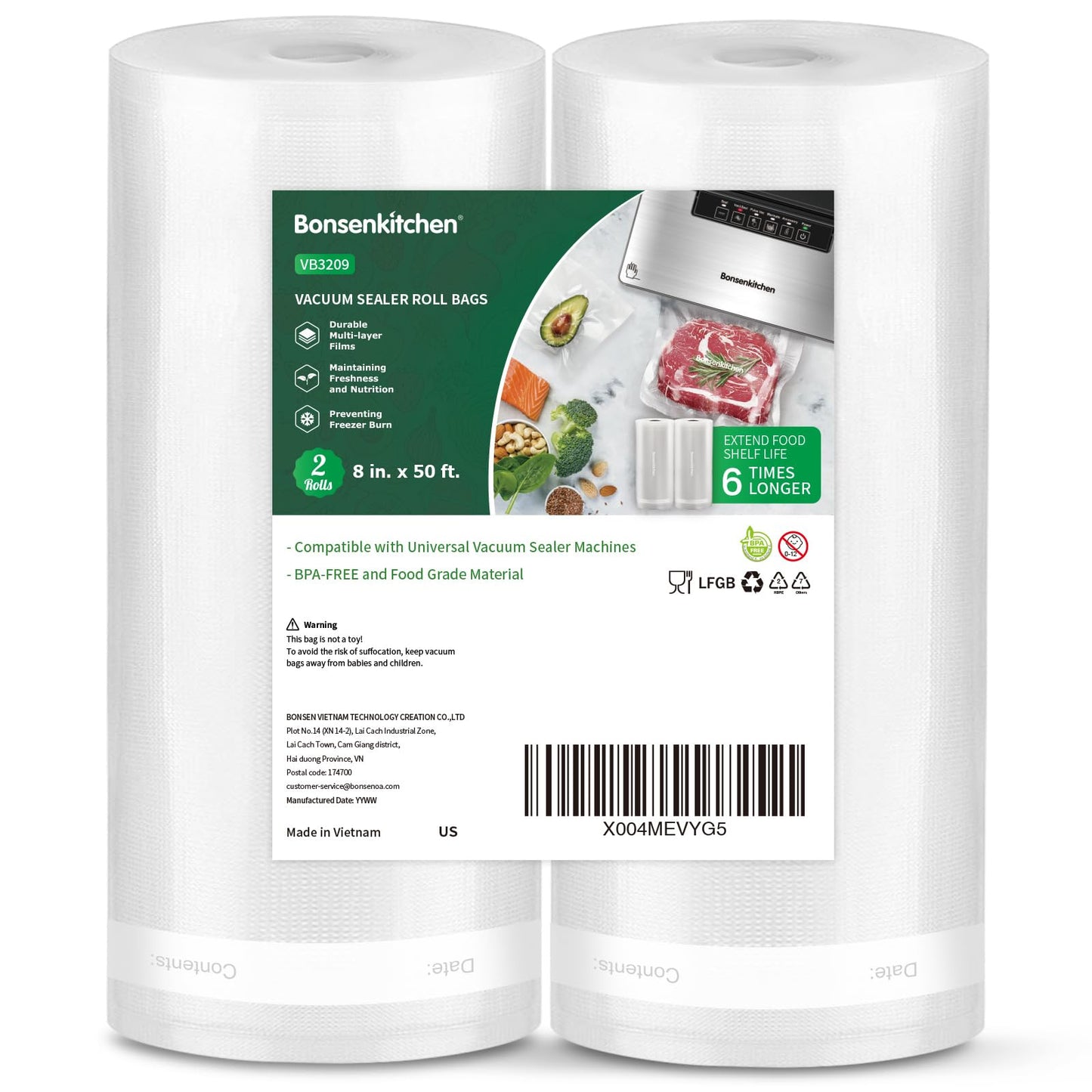 Bonsenkitchen Vacuum Sealer Bags, 8" x 50' Rolls 2 pack for Food Storage