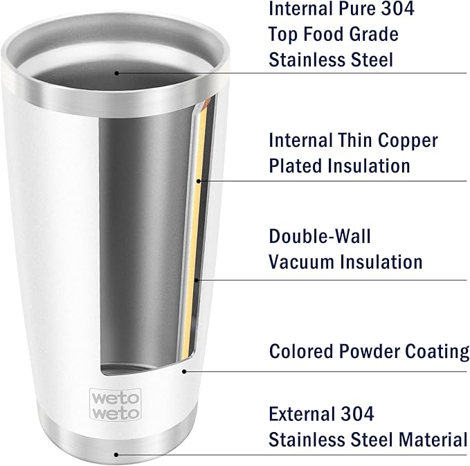 WETOWETO 20oz Tumbler, Stainless Steel Vacuum Insulated Coffee Travel Mug, Double Wall Powder Coated Insulated Coffee Mug Travel Mug with Lid Thermal Cup for Outdoor, White, 6 Pack