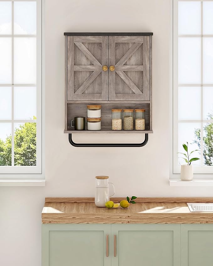 Bathroom Wall Cabinet, Medicine Cabinet with Open Partition and Towel Bar, Rustic Storage Cabinet with Open and Hidden Storage Space, for Bathroom, Living Room, Greige and Charcoal Black