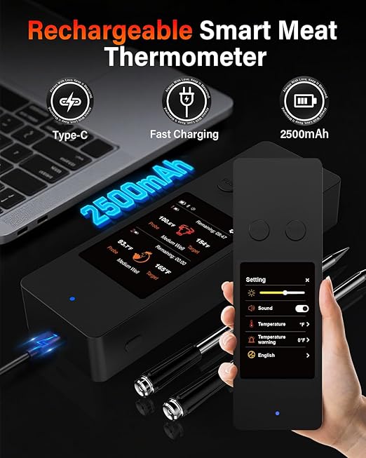 AWLKIM Wireless Meat Thermometer with Touchscreen Base, No Phone Needed — 2 Probes, 8 Sensors, Bluetooth 5.3, Rechargeable for Grill, BBQ, Smoker & Oven