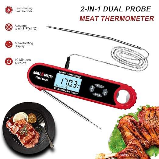 GRILLMATIC Heat Hero Digital Instant Read Meat Thermometer for Cooking and Baking with Backlight, Hold Function & Magnet for Kitchen, Beef, Grill, BBQ, Candy and Turkey