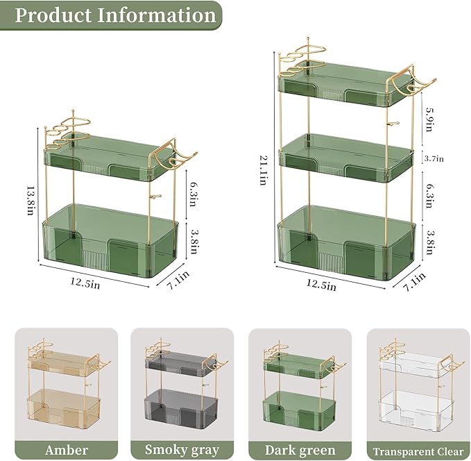 2 Tier Bathroom Organizer Countertop Makeup Perfume Tray Skincare Organizer Comes with Hair Dryer Rack and Toothbrush Holder for Bathroom Dresser Vanity (Green)