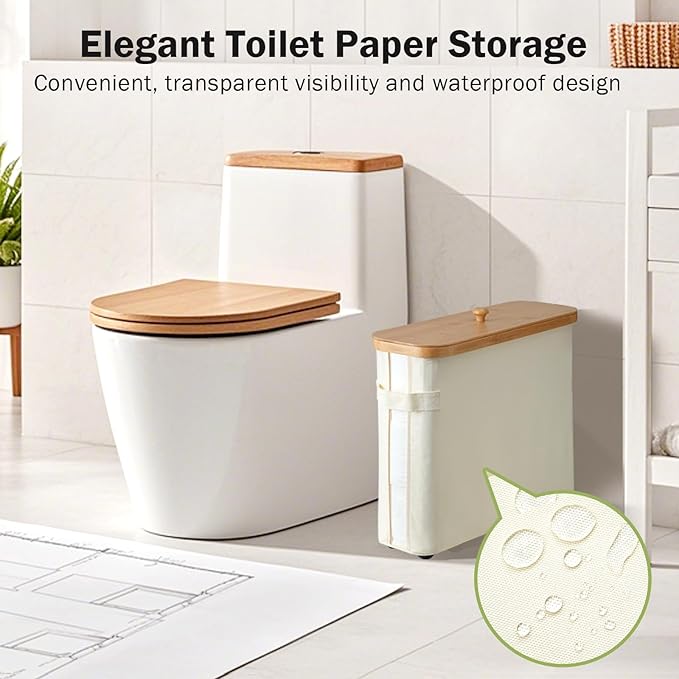 Toilet Paper Storage Basket with Lid and Handle for Bathroom， Bamboo Collapsible Toilet Paper Holder Storage with Non-Slip Bottom ,Extra Toilet Roll Storage, Beige