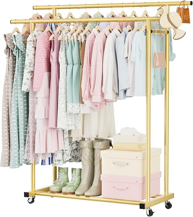 Abiglifty Double Rods Clothes Rack for Hanging Clothes, Clothing Rack with Wheels, Portable Closet Organizer for Laundry, Room (Gold)