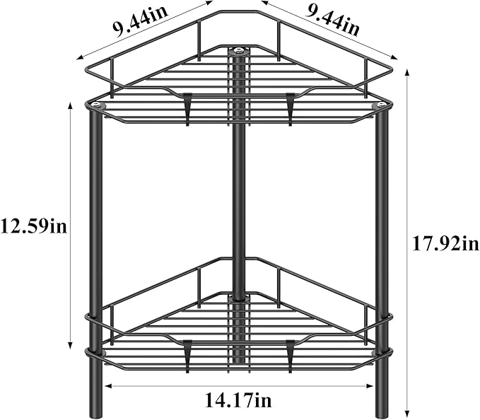 2 Tier Floor Standing Corner Shower Caddy Organizer Shelf with Hooks, Bathroom Shelves Stand Rack, Matt Black
