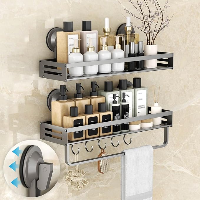 Onemake Shower Caddies Suction Cup, 2 Pack 15.7 inch Aluminum Suction Showers Organizer with Towel Bar & Hooks, Rustproof Shower Shelves, No Drilling Bathroom Shelf Storage Rack, Gray