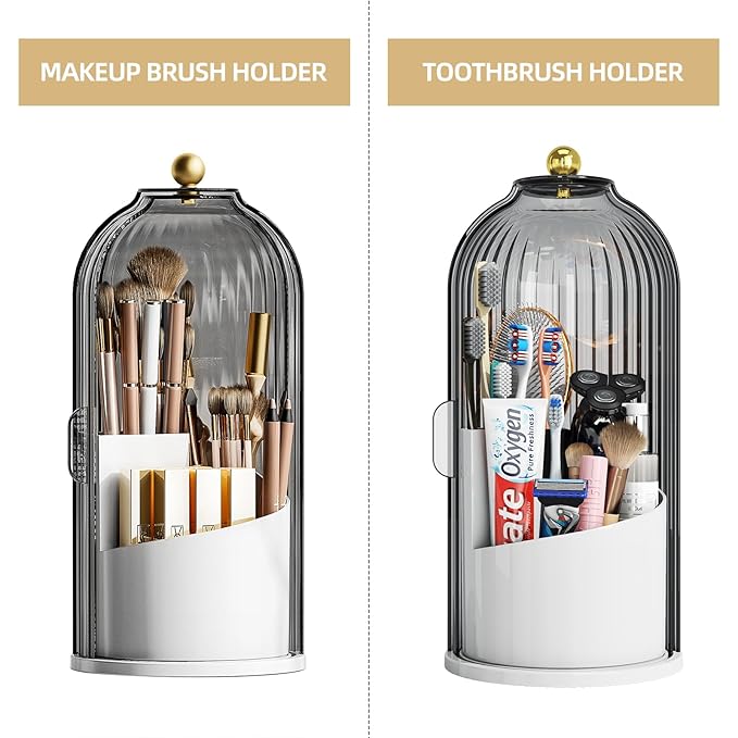Makeup Brush Holder Organizer with Lid, 360 Rotating Make up Brush Holder with Cover, Dustproof Makup Brush Storage for Vanity Bathroom Countertop, Covered Toothbrush Holder, Clear Grey