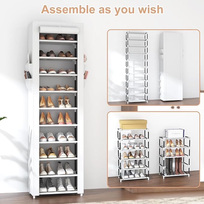 VTRIN Vertical Narrow Shoe Rack Organizer Tall Shoe Rack for Closet Entryway 10 Tier Non-Woven Cover Shoe Shelf Holds 20-22 Pairs Free Standing Shoe Storage Cabinet with Dustproof Cover, White