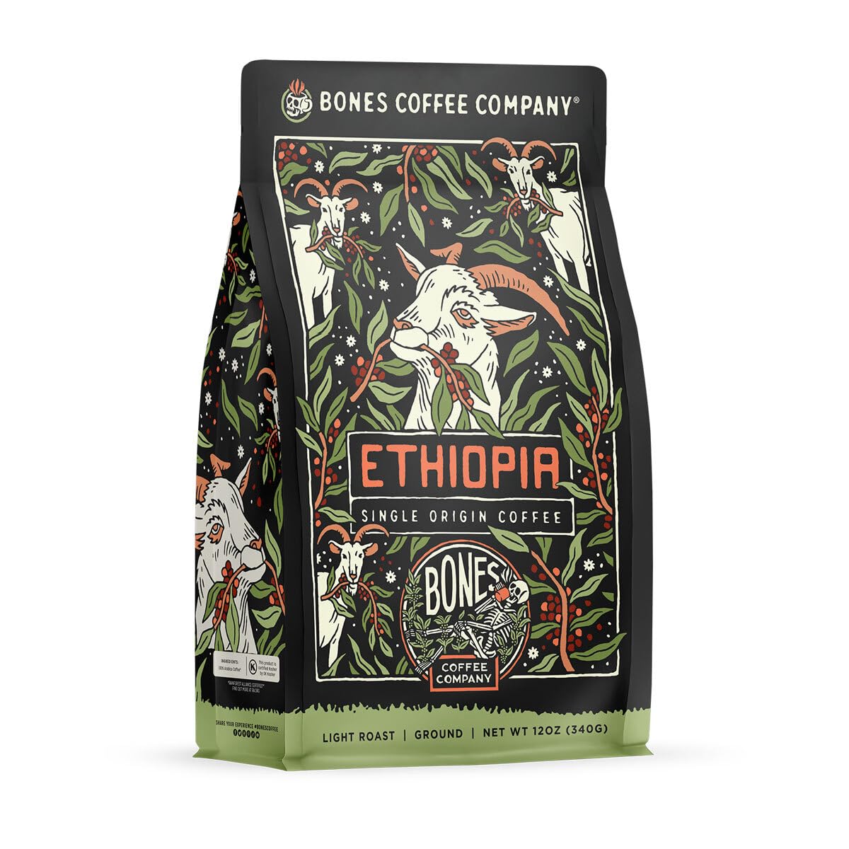 Bones Coffee Company Ethiopia Single-Origin, Citrus, Floral and Berries Notes, Whole Coffee Beans, Low Acid Medium Roast Arabica Beans Flavored Coffee, 12 oz Whole Bean