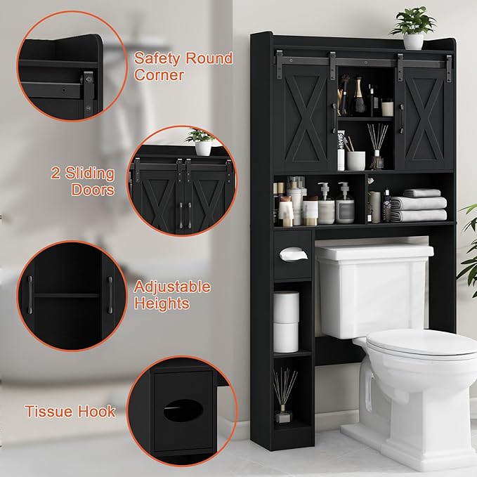 Vabches Over The Toilet Storage Cabinet, Farmhouse Storage Cabinet Over Toilet with Sliding Doors & Toilet Paper Holder Stand，Home Space-Saving Toilet Rack, for Bathroom, Laundry and Restroom.Black
