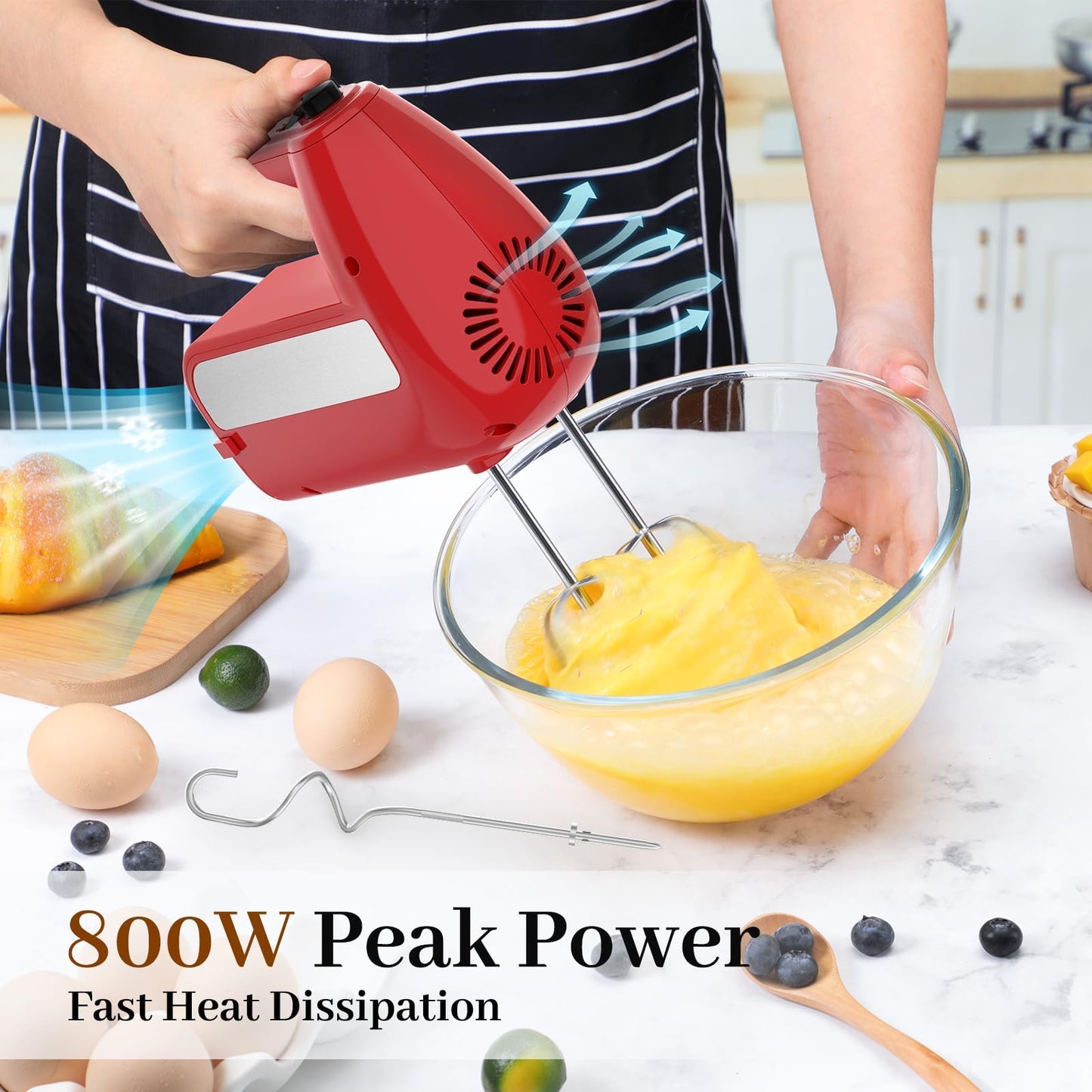 5-Speed Electric Hand Mixer, 800W Handheld Mixer with Turbo for Baking & Cooking, Kitchen Food Mixer with Storage Case & 6 Stainless Steel Attachments (2 Beaters, 2 Dough Hooks, 2 Whisks)-White