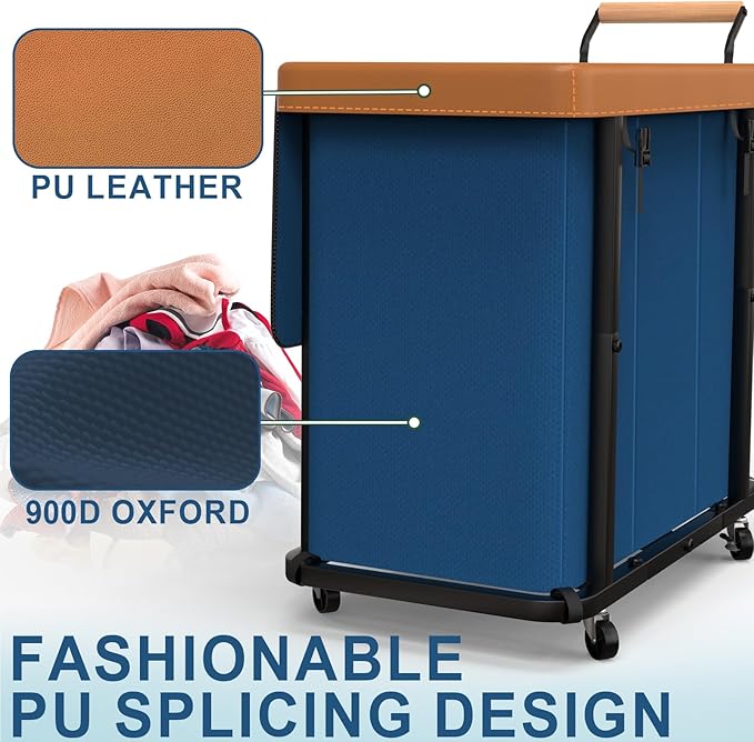 230L (60 Gal) Extra Large Fashion Laundry Sorter 3 Section with Lid, Rolling Laundry Basket Hamper with Handle, Laundry Organizer Storage Cart with Sturdy Metal Frame for Laundry Room, Dark Blue