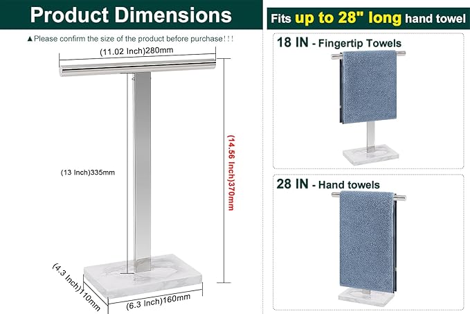Hand Towel Holder, T-Shape Hand Towel Stand for Bathroom, Hand Towel Rack Bar Standing for Vanity Kitchen Countertop, 304 Stainless Steel, Marble Base (Chrome)